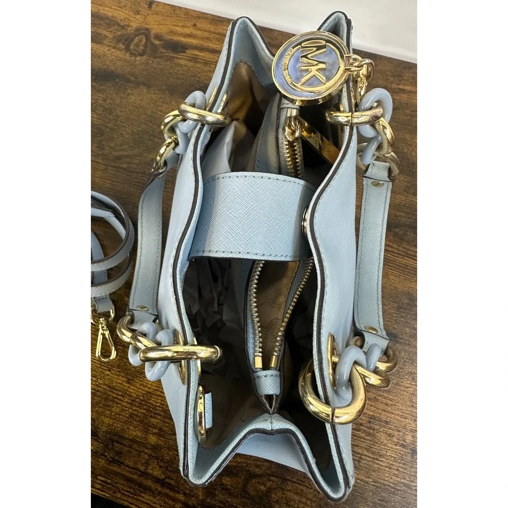 Michael Kors Cynthia Satchel Pale Blue Saffiano Leather Chain Handle Handbag